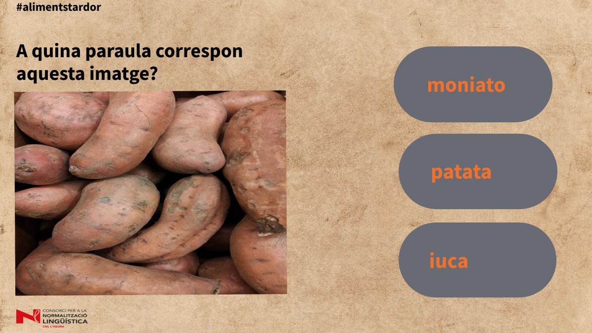 #tardor 
Sabeu a quina paraula correspon aquesta imatge?
👉Moniato
👉Patata
👉Iuca
<a href="/scgramenet/">Aj. Sta. Coloma Gram</a> <a href="/jocsdeparaules/">Jocsdeparaules</a> <a href="/fiscrabblecat/">Fed.Int.Scrabble CAT</a>
<a href="/VaDeJocs/">VaDeJocs</a> <a href="/elicscg/">ELIC Santa Coloma</a> <a href="/EscolaTanit/">Escola Tanit</a> <a href="/EscolaPorcel/">Escola Rosselló Pòrcel</a>
<a href="/Totama_cat/">L'Agrupació - Totama</a> <a href="/paraulesenxarxa/">paraulesenxarxa</a> <a href="/motsaldia/">Mots al dia 🎗</a>
<a href="/rodamots/">Rodamots</a> <a href="/AlimentacioUB/">CampusAlimentacióUB</a> <a href="/EscolaMillet/">Institut Escola Lluís Millet</a>