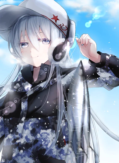 ヴェールヌイ「司令官、釣れたよ」秋刀魚GETでうれしそうskeb納品いたしました!#艦これ #ヴェールヌイ #Skeb 