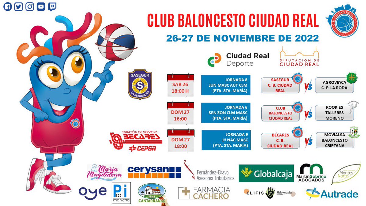 CBCiudadReal's tweet photo. ❤️🏀Apasionante fin de semana con nuestros 3 equipos jugando en él Puerta de Santa María… ¿Juegas con nosotros? 😊 ¡Let’s go CEBE! 💪🏻🏀
🚨Entrada gratuita🚨

#JuegaConCEBE 
#BECARES 
@SasegurSL 
@SomosGlobalcaja 
@CR_Deporte https://t.co/zD6W73TJcL