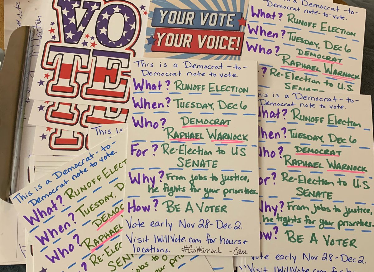 Finished these up after a wonderful #ThanksgivingDay!  Another 30 #PostcardsToVoters  heading to GA.  Vote for @SenatorWarnock in the Dec 6 Runoff. #GoWarnock