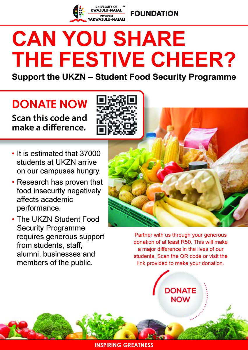 SydenhamStekkie's tweet photo. Share the festive cheer:
Support the UKZN Student Food Security Programme by donating a minimum of R50 during the festive season to help support students in need of proper nutrition for the first few months of 2023.
#GrowingOurOwnTimber #UKZN
#ShareTheFestiveCheer https://t.co/ddpgFnh8uy