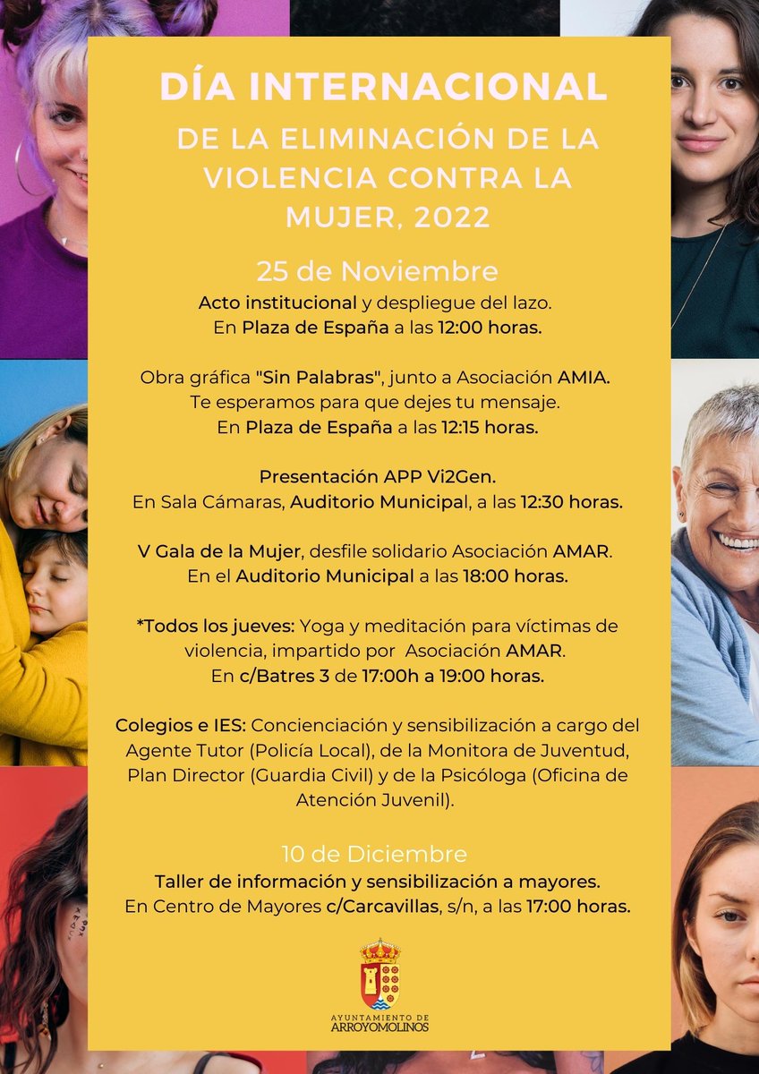 Arroyomolinos's tweet photo. 🔵 Te esperamos con motivo del #25N👇🏽

🎗️ 12h.: Acto institucional, despliegue del lazo y obra gráfica junto a AMIA.  En Plaza de España.

📲 12:30h.: Presentamos la APP Vi2Gen.

🎀 18h: V Gala de la Mujer, AMAR. En el Auditorio Municipal.

Súmate 👉🏽 https://t.co/ziUwogZxLn https://t.co/hEHTlvXGZI