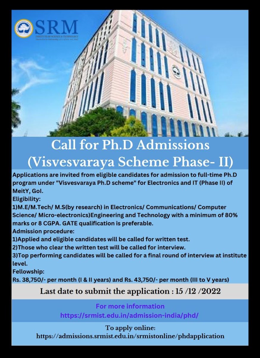 SoC_SRMIST's tweet photo. You deserve a scholarship - Apply PhD @SRMIST!
#SRMIST #SchoolofComputing #SRMSCO #SRMites #Research #opportunity #visvesvarayascheme https://t.co/CkEuHMlAcU