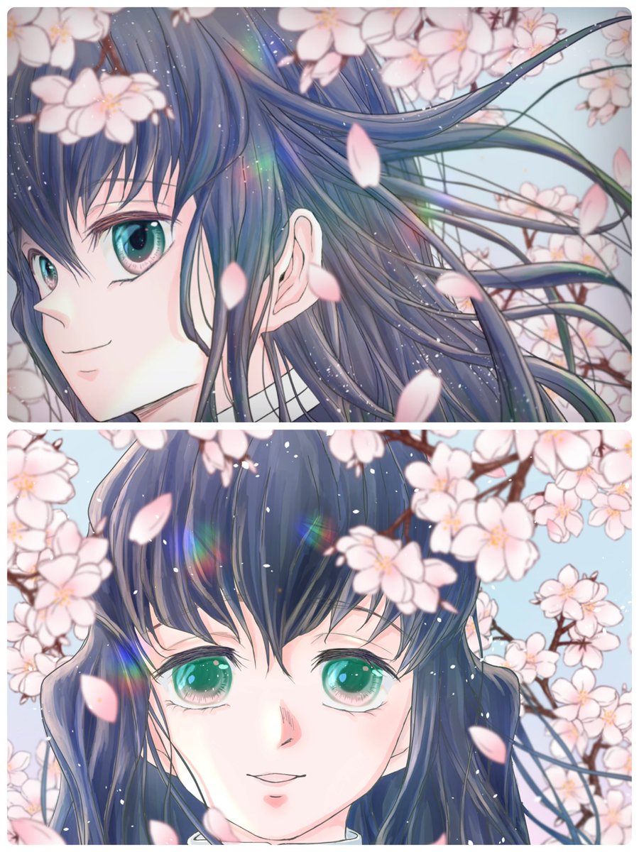 male focus smile black hair looking at viewer green eyes long hair cherry blossoms  illustration images
