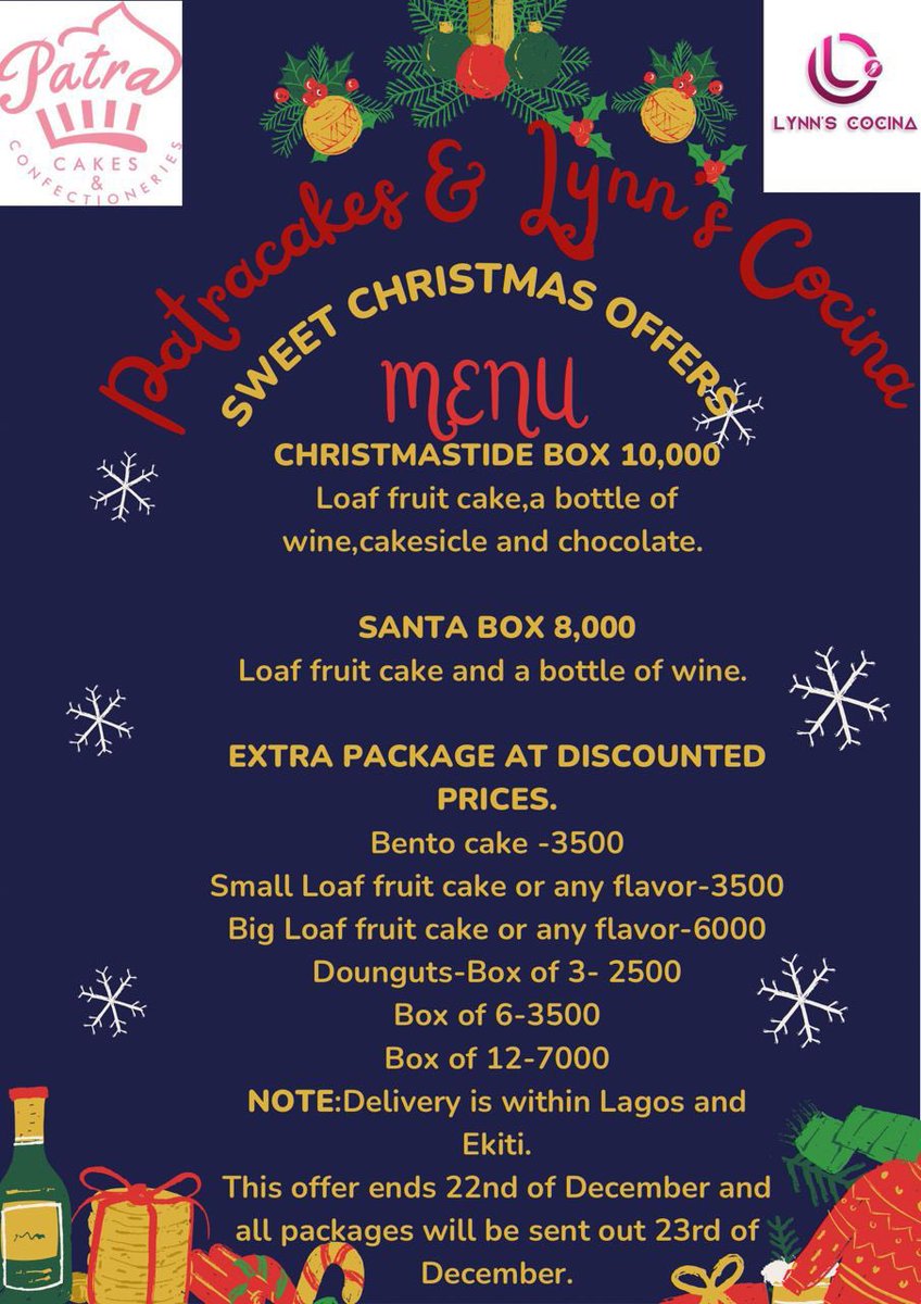 LynnsCocina's tweet photo. Hi guys, it’s the festive period🎄 and we have sweet offers for you to gift your loved ones or even yourself. I’m sure you wouldn’t want to miss this December sweet offers 😋

Contact us https://t.co/No66KkjhFo https://t.co/MLN0Sj3g3i