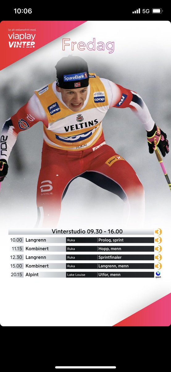 Dagens program med langrenn fra start. I studio: Nyankomne @viaplaypgordon med Martin Johnsrud Sundby og Vidar Løfshus. 🎤Undertegnede og @DyrhaugNiklas 🎙️@JornSundby og @AageSki