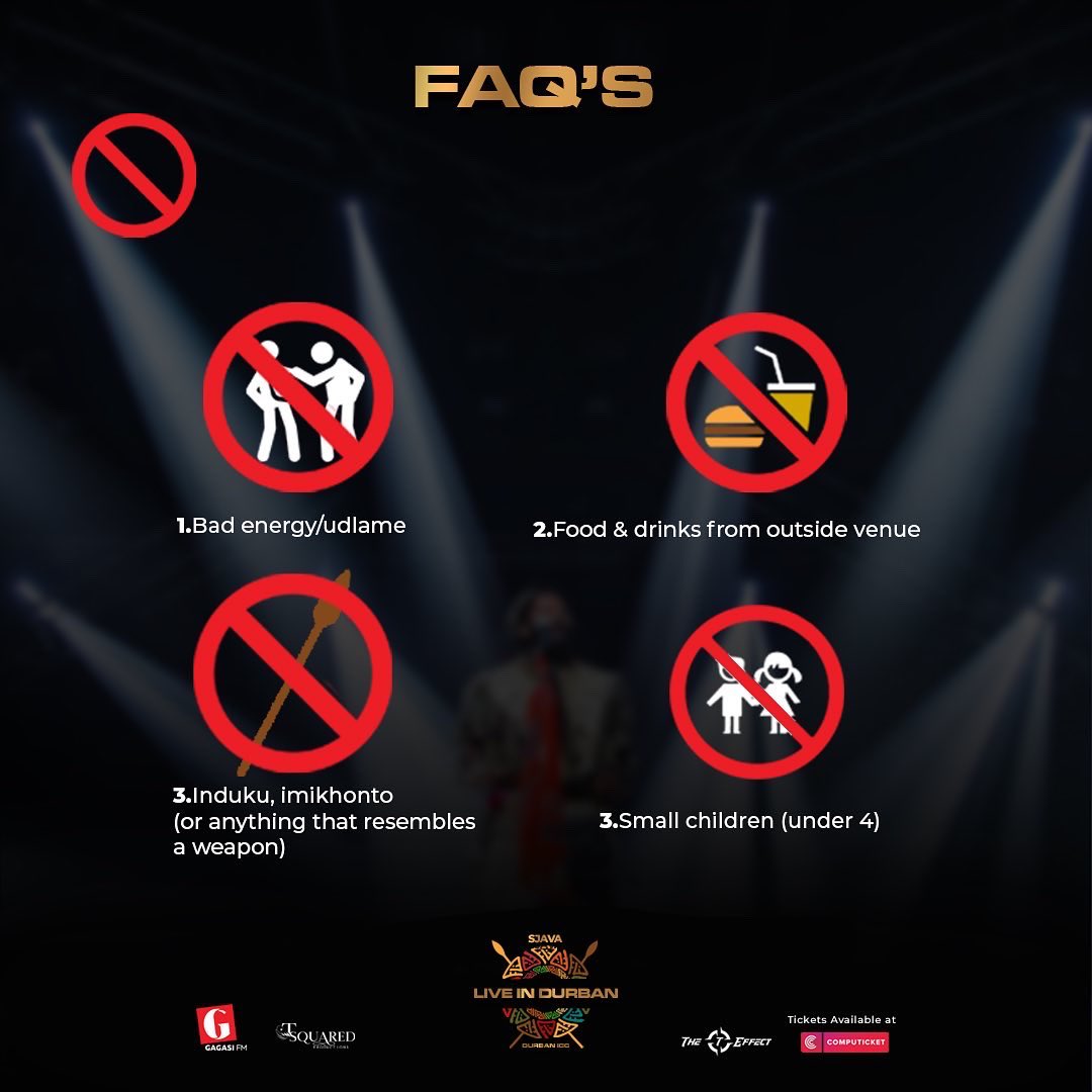 1020cartel's tweet photo. The Do’s ✅ and Don’ts ❌ for the #SjavaLiveInDurban shows. We can’t wait to have a good time with you ✨ 

Tickets for the 10 Dec show still on sale @computicket and @shopritesa 

@Sjava_atm https://t.co/yShsf70mua