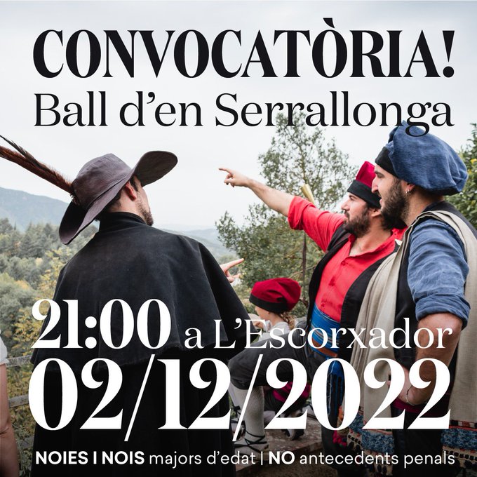 💥💰El <a href="/SerrallongaVila/">Ball den Serrallonga</a> busca bandolers!

👉Convocatòria:
📆Divendres 2 de desembre
⏰21h
📍A l'Escorxador (c/ Escorxador, 19-21).
👥Nois i noies majors de 18 anys i sense antecedents penals.

<a href="/fmvilafranca/">Festa Major de Vilafranca</a>