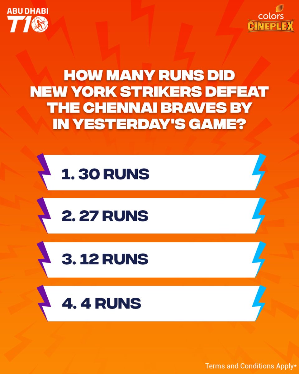 Colors_Cineplex's tweet photo. Question 3 of 10 for you guys to win prizes up to 1 lakh rupees! Stay tuned to know the answer to your next question! And don't forget to watch the  Abu Dhabi @T10League today 5:30 PM onwards, only on @Colors_Cineplex 

#DasSabseZabarast #T10OnColorsCineplex https://t.co/huKlGtInES