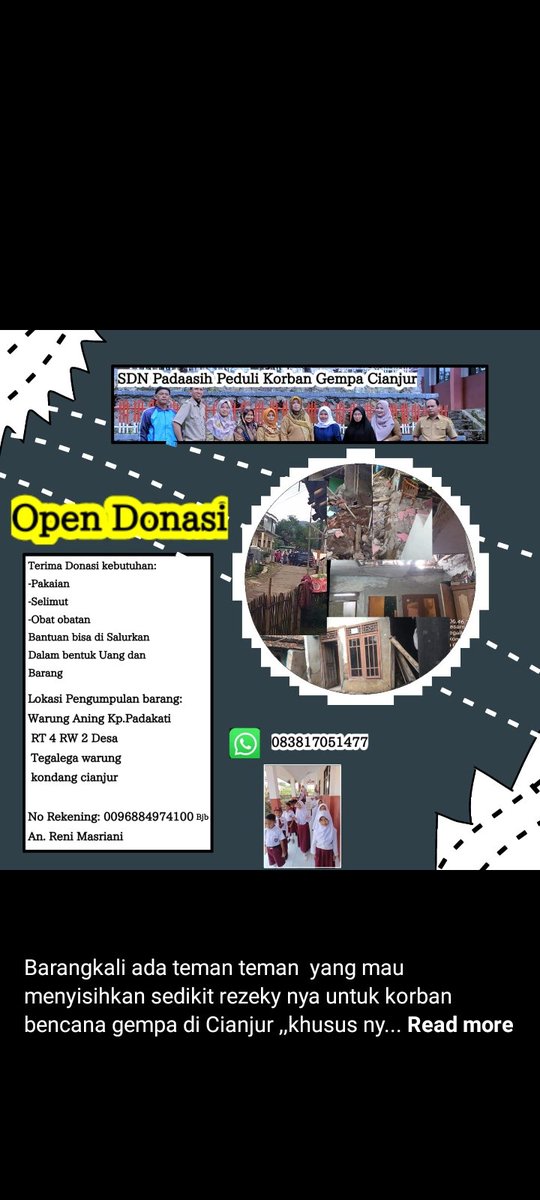 Adiak_Udaa's tweet photo. Assalamualaikum tuips....
Aku mau memperpanjang tangan dari temen deket IREN di Cianjur, temen sama kuliah dulu di Jkt.. 
Insyaallah amanah dia nya.. 

Semoga ada temen2 yg bisa membantu korban anak² SD Padaasih... 
Kontak tertera.. https://t.co/Vi6A13geZX
