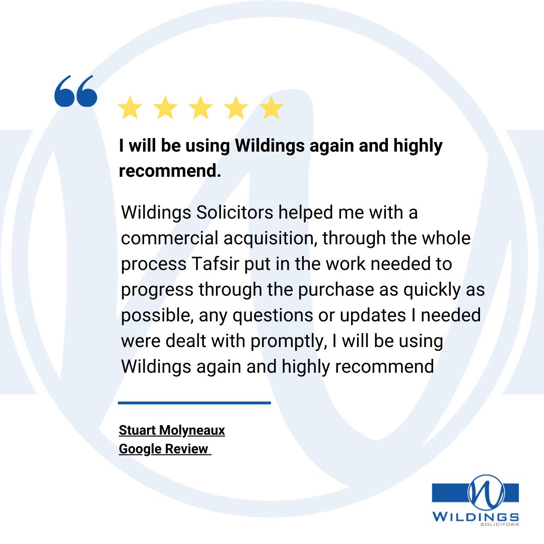 Another great review for our Tafsir in our #commercialproperty team👏🏻

If you have any commercial property issues then don’t hesitate to contact us.

Call/email us today and see how we can help you.

📞 01217862555
📧 info@wildings-solicitors.co.uk

#clientreview #FeedbackFriday