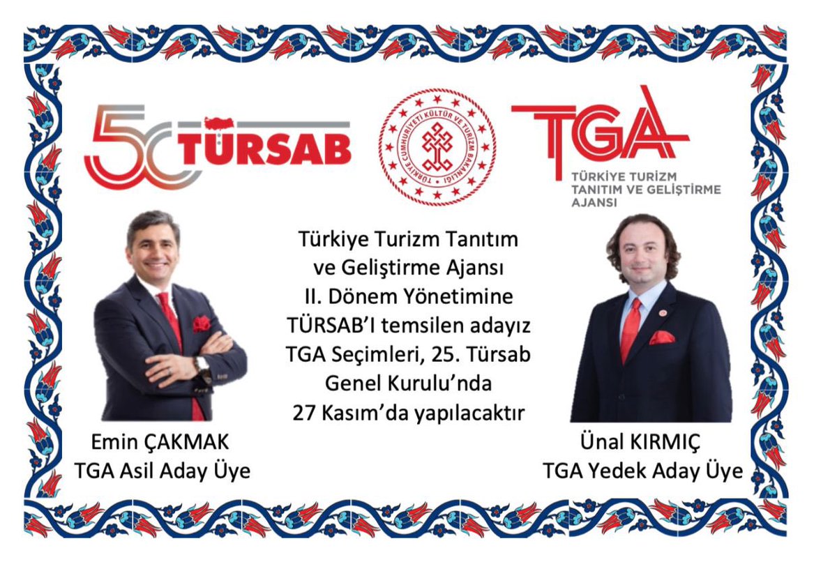 27 Kasım’da gerçekleşecek TGA Seçimlerinde sayın Emin Çakmak ve Ünal Kırmıç’ı destekliyor, başarılar diliyoruz.