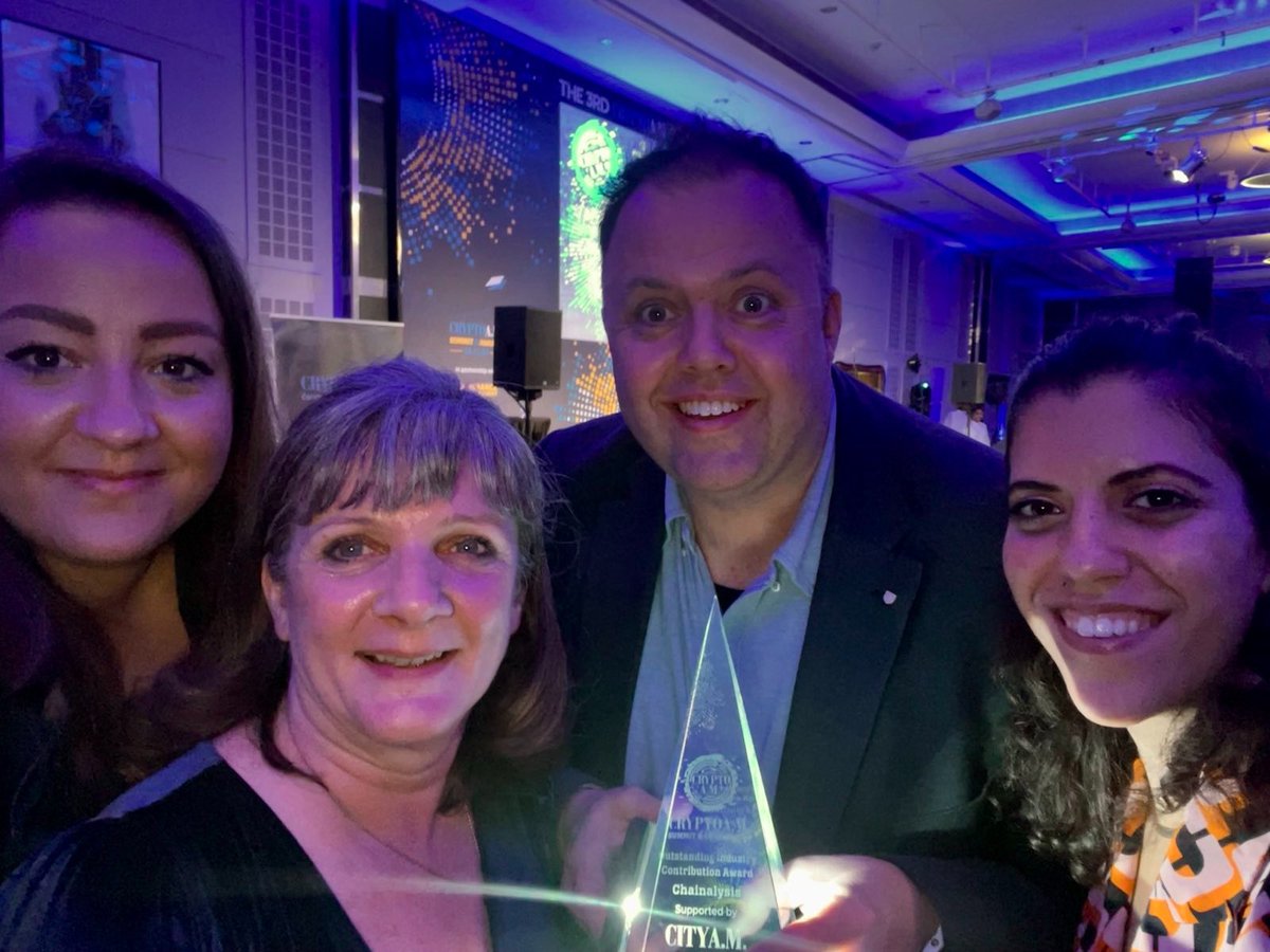 chainalysis's tweet photo. We are super excited about another award win! We took home one of the prestigious Crypto A.M. Awards last night in London, in the category Outstanding Industry Contribution. π π Read more about our winning nomination here: https://t.co/e8lKGvMeUV #CryptoAMSummit @CityAM https://t.co/2wSSbpjNo6