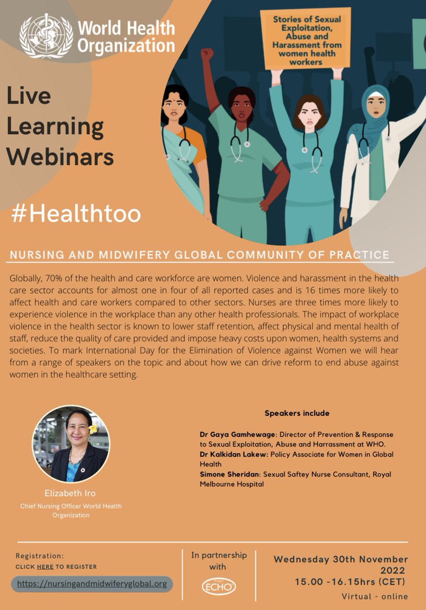 Today is #InternationalDayForEliminationOfViolenceAgainstWomen Join @WHO @elizabeth_iro and @GayaG as we support @womeninGH @KalkidanMD #Healthtoo campaign to end workplace violence. November 30th, 3pm CET. Register here: mailchi.mp/salud.unm.edu/…