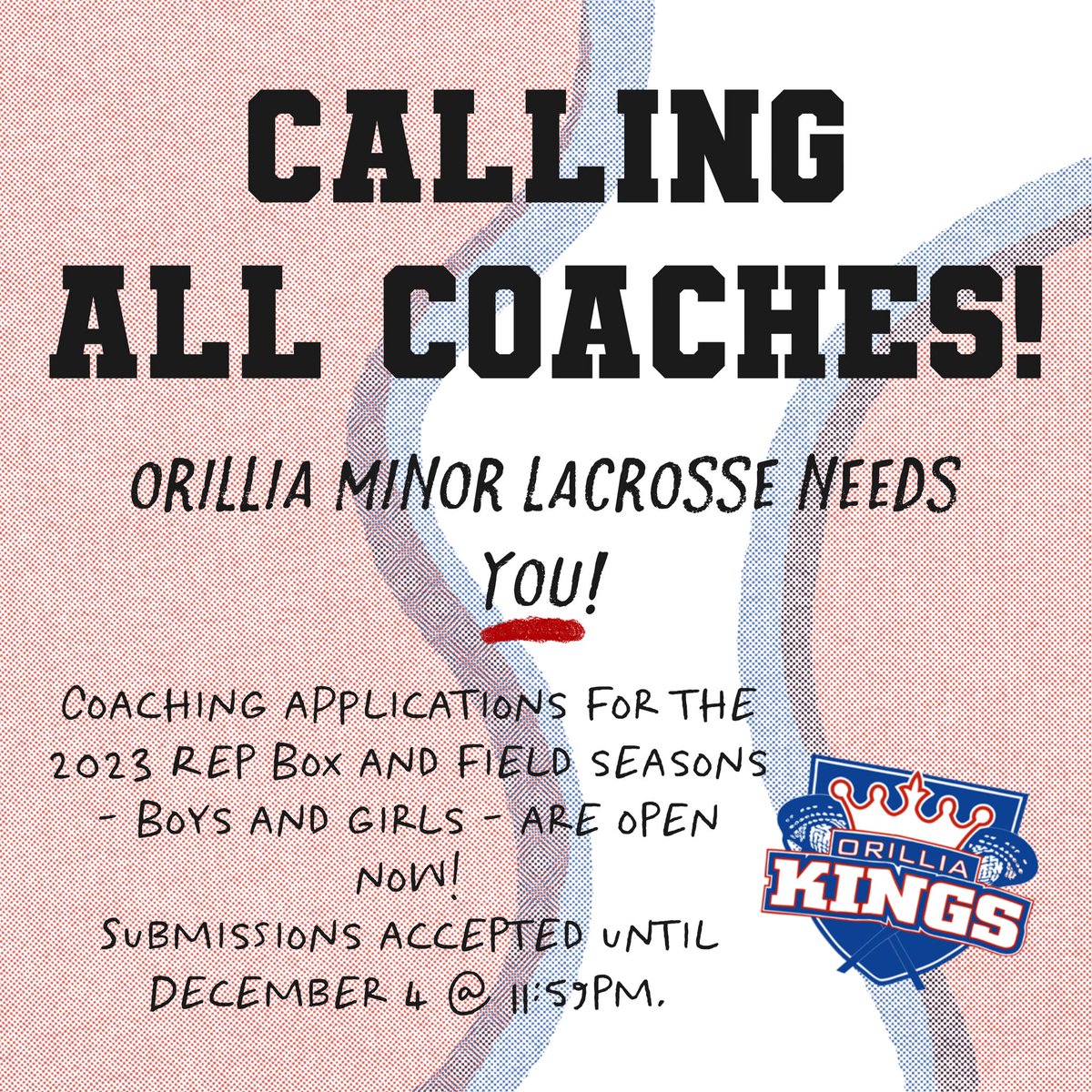 Follow the link below to apply for all Rep box &amp; field teams for the 2023 season. 
All coaching applications will be accepted &amp; considered until December 4 at 11:59pm.
orilliaminorlacrosse.com/Articles/3853/…