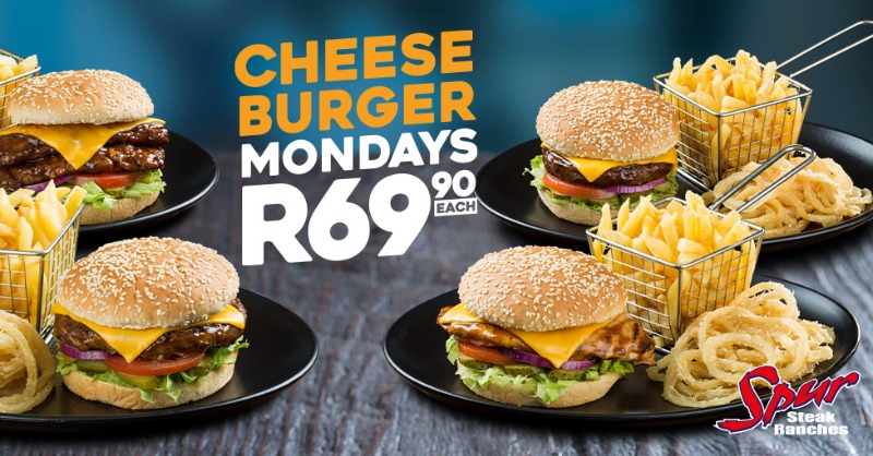 Let the #SpurCheeseBurgerMondays begin.” Get a Beef, Chicken, Rib or Soya Cheese Burger with Spur-style crispy onion rings and golden chips for R69.90 each 😍 Ts & Cs apply. #SpurSteakRanches