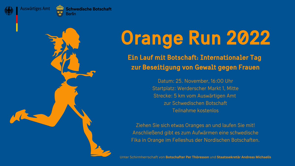 Gemeinsam mit <a href="/AuswaertigesAmt/">Auswärtiges Amt</a> veranstalten wir heute einen #OrangeRun. Um 16 Uhr geht es los! 

Werden Sie Teil der Kampagne #OrangeTheWorld und setzen Sie gemeinsam mit uns ein Zeichen gegen geschlechtsspezifische Gewalt! 🧡

Weitere Infos: bit.ly/3XwGop9 #16Days