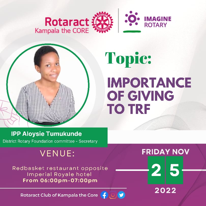 rctnansana's tweet photo. "We don't give because we have a lot but for the love we have for our foundation" 

Kindly join the Rotaract Club of Kampala the core as they host our own IPP @BennisLeo for an educative session. Always remember that November is dedicated to the Rotary Foundation.

#TitansAt9 https://t.co/24IUYtFJRW