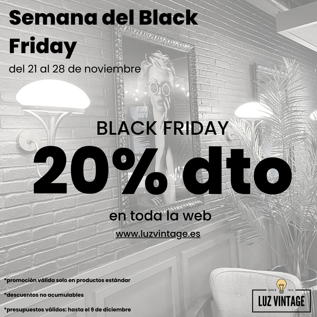 luzvintage.es/lamparas-60.ht…

¡Comienza el Black Weekend! Desde hoy hasta el lunes, 20% de descuento en una enorme selección de artículos. Empieza el 2023 iluminando tu hogar con las últimas tendencias
Date prisa que las ofertas terminan en seguida.
#blackfriday #blackfriday2022