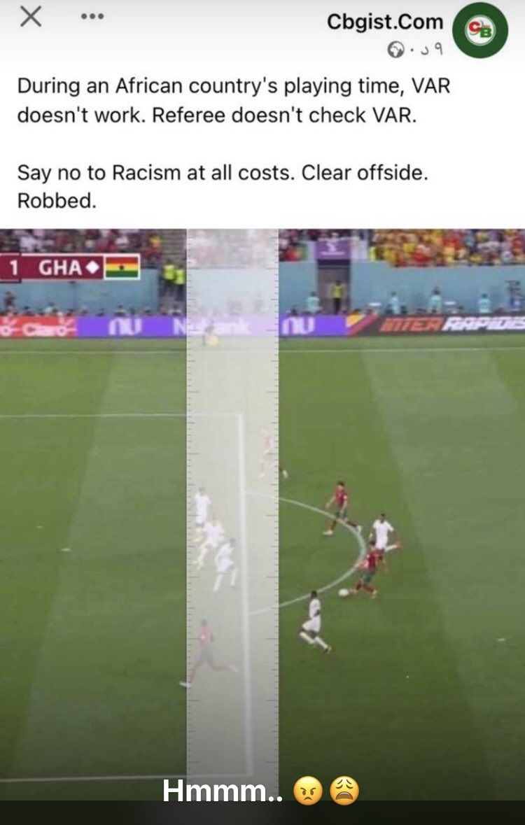 Appiahlovia37's tweet photo. Why you white peoples are so arrogant why  #Portugal #FIFAWorldCup #Ronaldo Fake penalty for #CR7 And Fake offside goal for #Portugal stupid Referee https://t.co/WUUN6Jj8hb