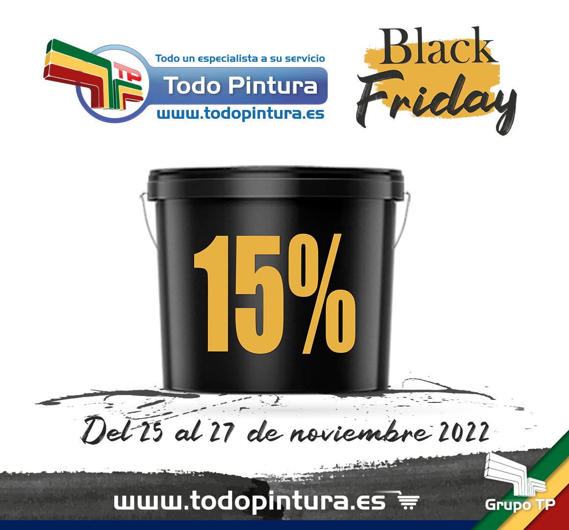 Disfruta del Black Friday con un descuento del 15 % en la compra de cualquiera de los artículos de nuestra tienda online.
Dónde: exclusivo en tienda online: 🚩todopintura.es
No acumulable con otras promociones ni aplicable a productos de gama césped artificial.