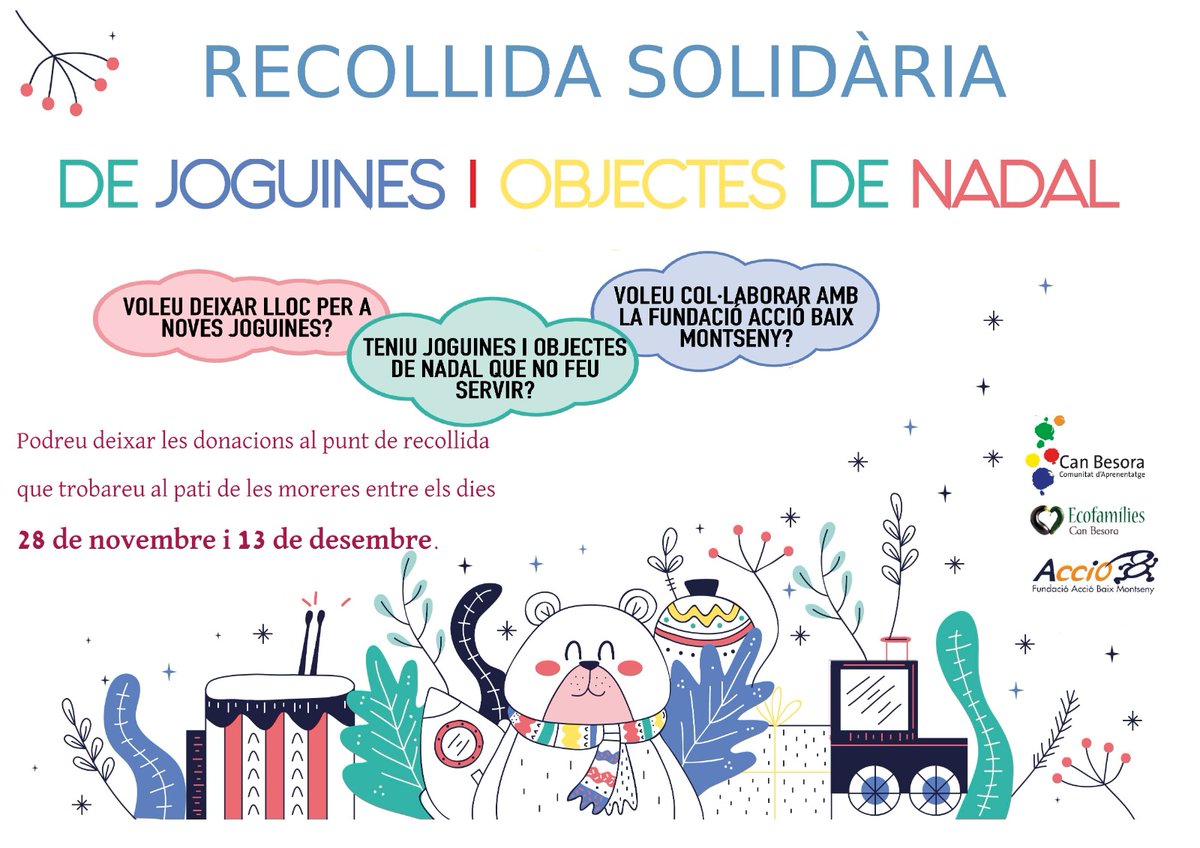 Torna la recollida solidària de joguines! Podeu portar les vostres donacions a l'escola fins al dia 13 de desembre.