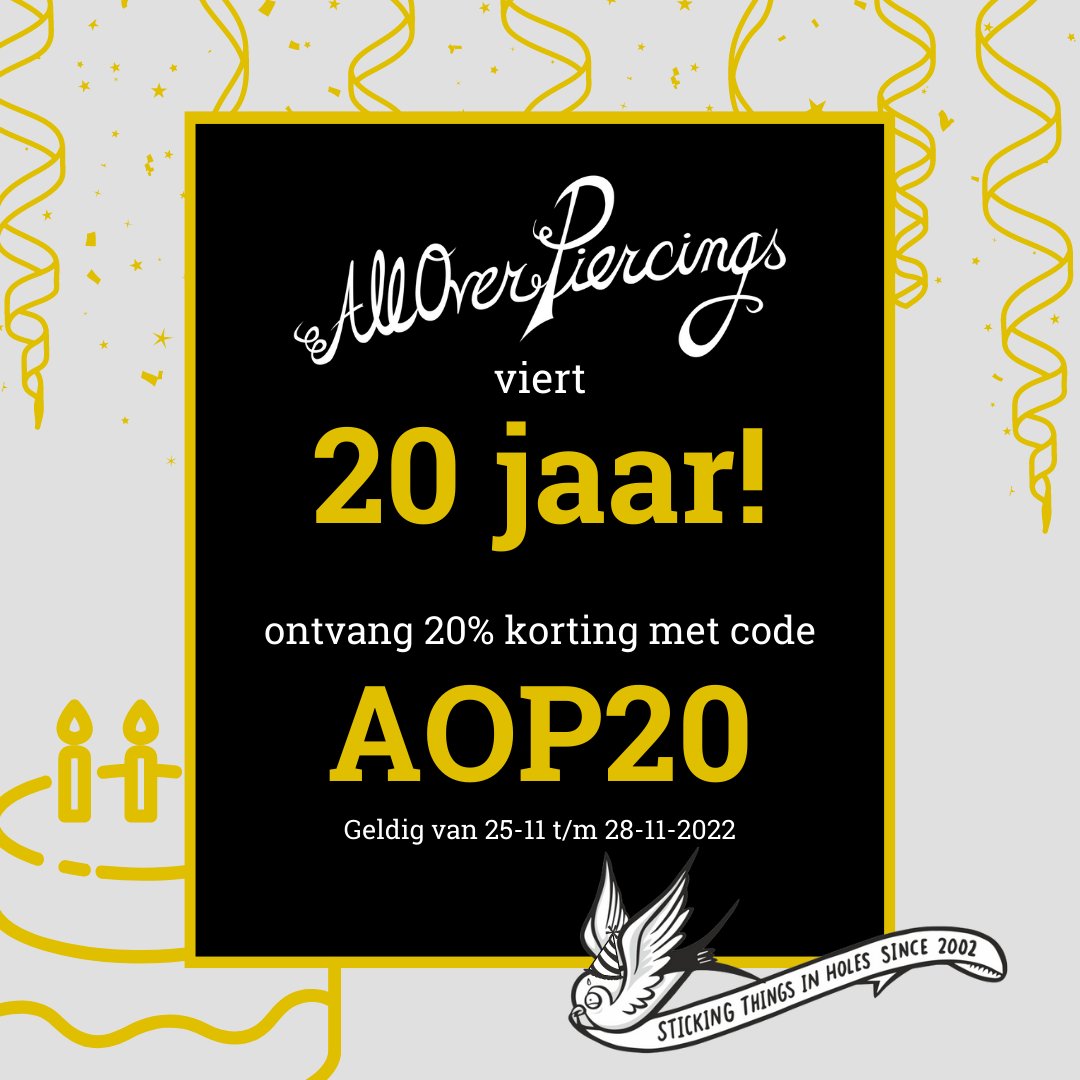 alloverpiercing's tweet photo. Wooohoo! We zijn jarig! 🎂 En dat vieren we, met allerlei toffe acties EN 20% korting op je bestelling! 💎 Gebruik coupon code AOP20 en je korting wordt meteen verrekend. Happy shopping en dank jullie wel voor die toffe eerste 20 jaar! ❤️ https://t.co/fXrmPuT9Xz https://t.co/WWiqqyj2L1