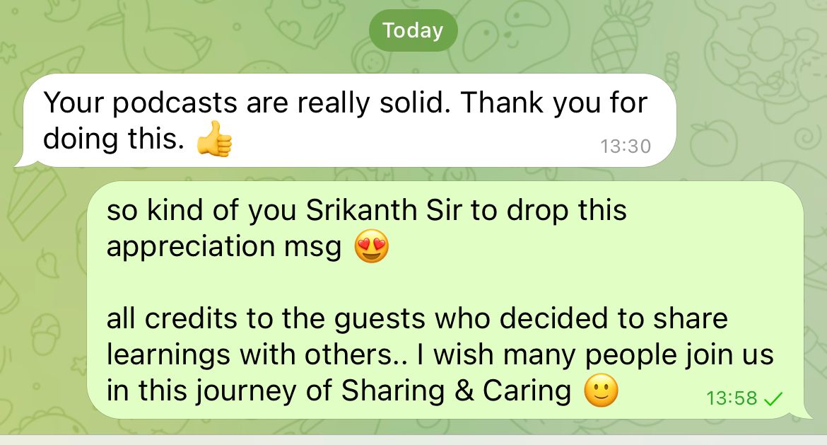 now this made me super happy!

glad to receive this msg from Srikanth Sir (@iamswingtrader) :)

thanks a lot!

#SharingAndCaring