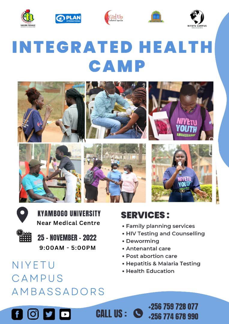 GirlUpUganda's tweet photo. Join us today for a heath service camp from 9am to 5pm at Kyambogo University. All services are free! #16faysofactivism https://t.co/M6sXu1Quk3