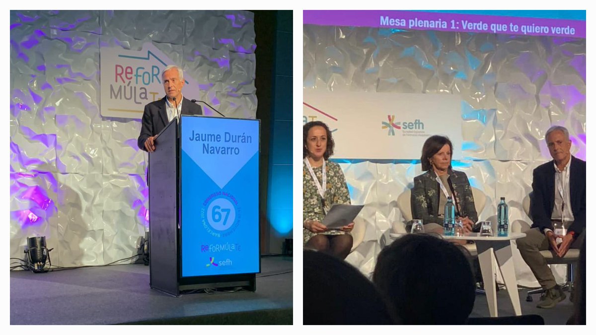 fsmhospital's tweet photo. El @67CongresoSEFH de #farmaciahospitalaria ha obert amb la mesa plenària "Verde que te quiero verde".
El Dr. Jaume Duran ha presentat el projecte #GreenHospital una experiència que ha permès reduir el 71% de les emissions de CO2 que produeix el centre.
#Reformulate @sefh_ https://t.co/xCkWygJRN3