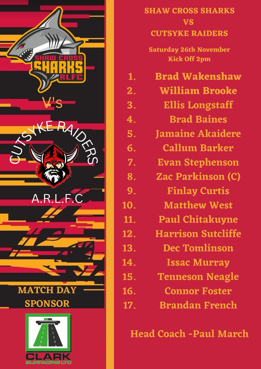 SharksOA's tweet photo. Head Coach Paul March has named a strong 17 man squad for tomorrow's Yorkshire Cup first round fixture against @CutsykeRaiders.
12 of the 17 played in the recent Play Off Final win over Oldham St Annes. #UTS 🦈
🏆 Yorkshire Cup
🆚 Cutsyke Raiders
⌚️ 14:00
📍 Leeds Road https://t.co/6PMUlJTciB