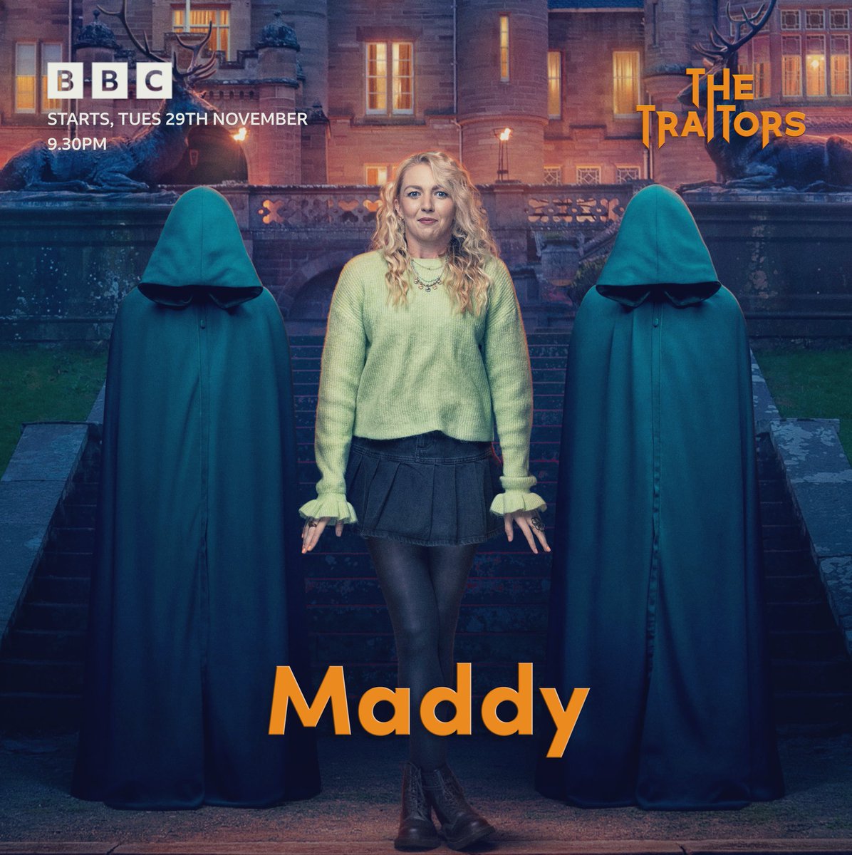 MadelynSmedley's tweet photo. Brand new #TheTraitors starts NEXT WEEK! …And yes I look like I’m about to do a back flip or shit myself, either one 😂🫣 Am I a traitor? Am I a faithful? All will be revealed on Tuesday, 29th Nov at 9.30pm on @BBCOne and @BBCiPlayer! #shitit https://t.co/H5jHrFxFCs