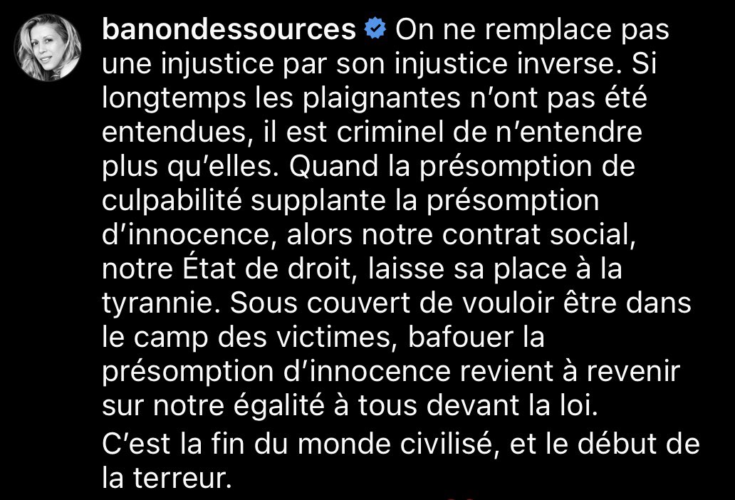 BanonTristane's tweet photo. Le scandale, c’est cette mise à mort médiatique.
Quand la présomption de
culpabilité supplante la présomption
d'innocence, alors notre État de droit laisse sa place à la tyrannie.
Sous couvert de vouloir être dans
le camp des victimes, on renie notre égalité à tous devant la loi. https://t.co/hJ0eUUypFn