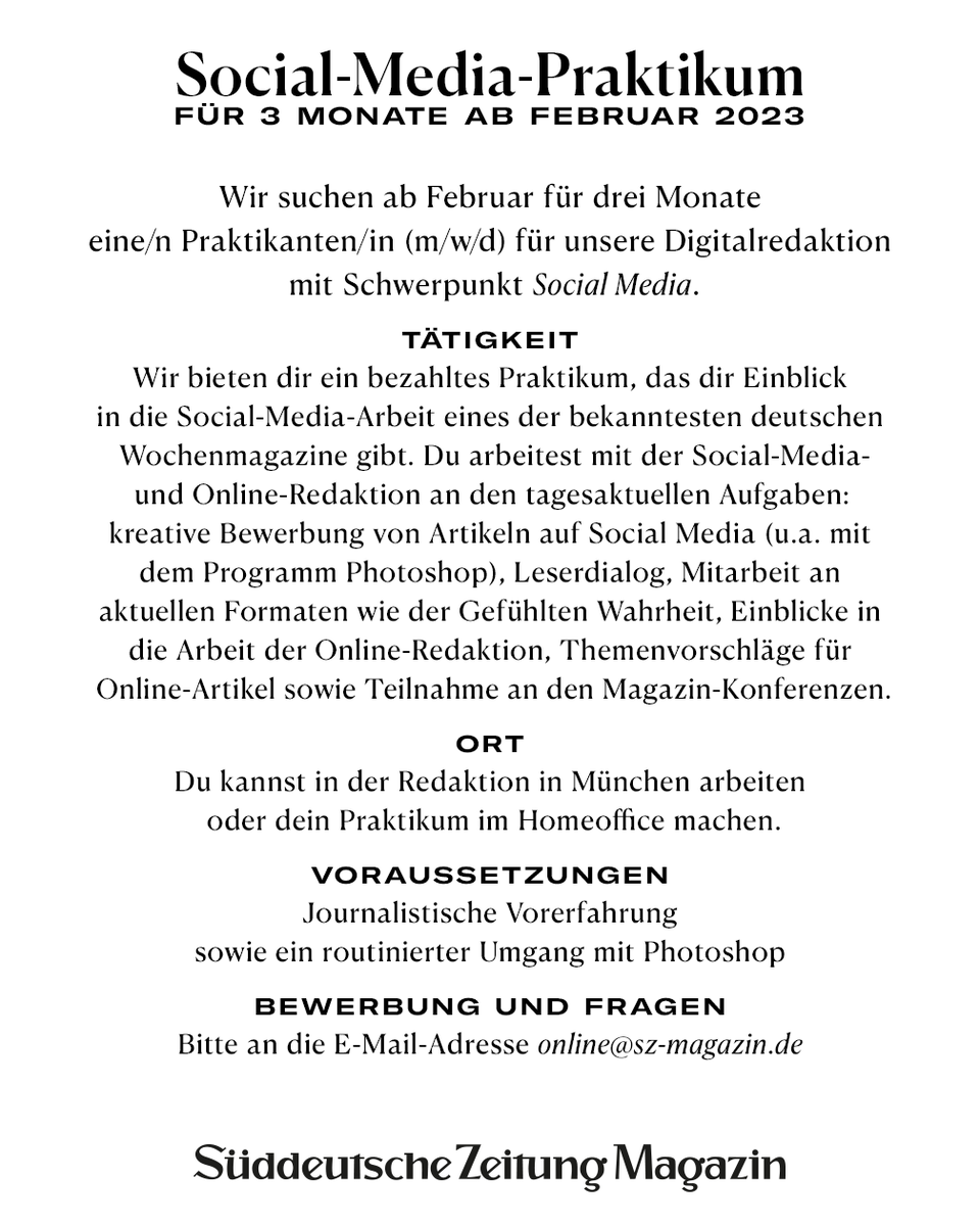 Wir suchen zum 1. Februar 2023 wieder liebe Unterstützung in unserer Online-Redaktion. Alle Infos findet ihr auf der Tafel 😊 Wir freuen uns auf Eure Bewerbungen.