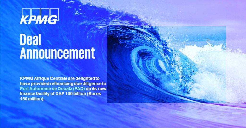KPMGAC's tweet photo. KPMG Afrique Centrale are delighted to have provided refinancing due diligence to  Port Autonome de Douala (PAD) on its new finance facility of XAF 100 billion (Euros 150 million). https://t.co/fyEtArPpgM