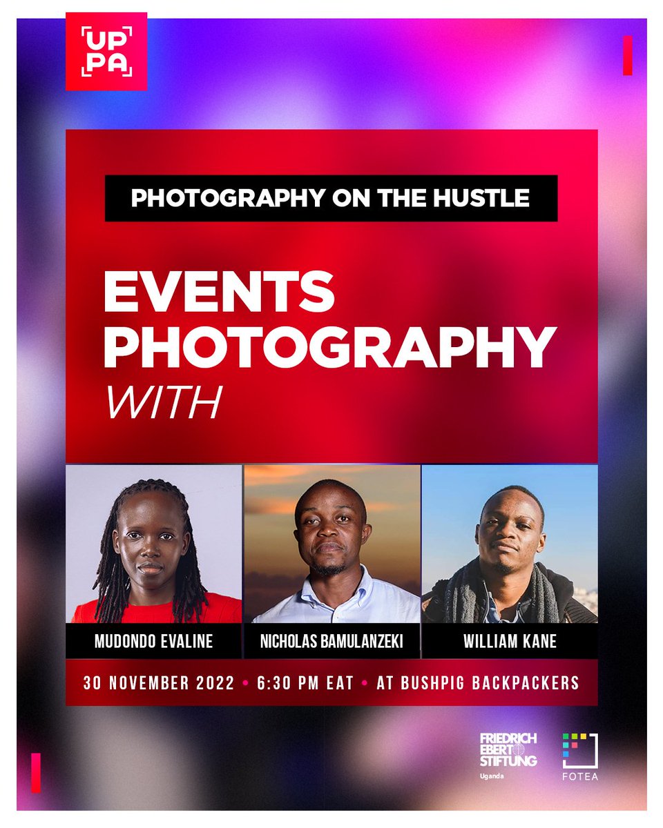 OPEN CALL! As part of our #PhotographyontheHustle sessions, we'll be speaking with @nze_eve, @bamulanzeki, and @wokaen, three of Kampala's most prolific event photographers. When: Nov. 30th | 6:30PM EAT Where: Bushpig Backpackers Register here: bit.ly/3UAWHj6