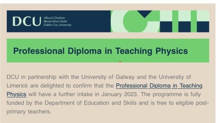 Eilish McLoughlin (@eilishmclough) on Twitter photo Teachers - Apply now for the Professional Diploma in Teaching Physics which is offered by a collaboration between @dcu <a href="/uniofgalway/">Ollscoil na Gaillimhe | University of Galway</a> and @ul <a href="/DCU/">Dublin City University</a>Physics <a href="/PhysicsDeptUL/">ULPhysics</a> <a href="/PhysicsUofG/">Physics @ University of Galway</a> <a href="/DCU_IoE/">DCU Institute of Education</a>
Applications closing on 7 December lnkd.in/e7CnDg5a Teachers - Apply now for the Professional Diploma in Teaching Physics which is offered by a collaboration between @dcu <a href="/uniofgalway/">Ollscoil na Gaillimhe | University of Galway</a> and @ul <a href="/DCU/">Dublin City University</a>Physics <a href="/PhysicsDeptUL/">ULPhysics</a> <a href="/PhysicsUofG/">Physics @ University of Galway</a> <a href="/DCU_IoE/">DCU Institute of Education</a>
Applications closing on 7 December lnkd.in/e7CnDg5a