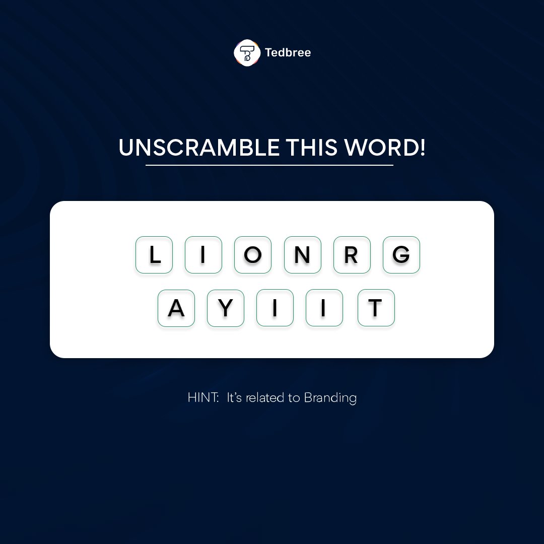 tedbree's tweet photo. Its Friday! Let's play a game!
Can you unscramble the word?
Hint: It's very important in branding
#Tedbree #Original #Branding #Design #Brand #Marketing #MarketingCampaign https://t.co/PpFSv84kCs