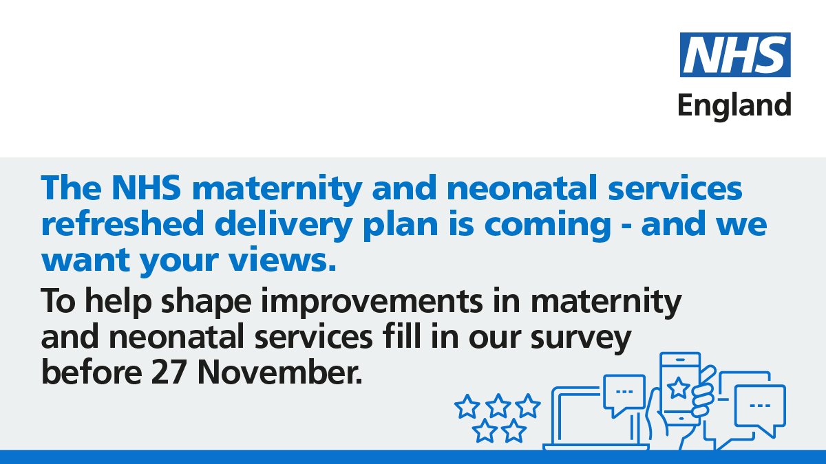 Pls RT: DEADLINE - This Sunday
forms.office.com/r/MCL2vSVfRK
NHS staff, stakeholders &amp; the public are all shaping the future of maternity &amp; neonatal service improvement – don’t miss out on your chance to influence the refreshed delivery plan, by filling in the survey before 27 November