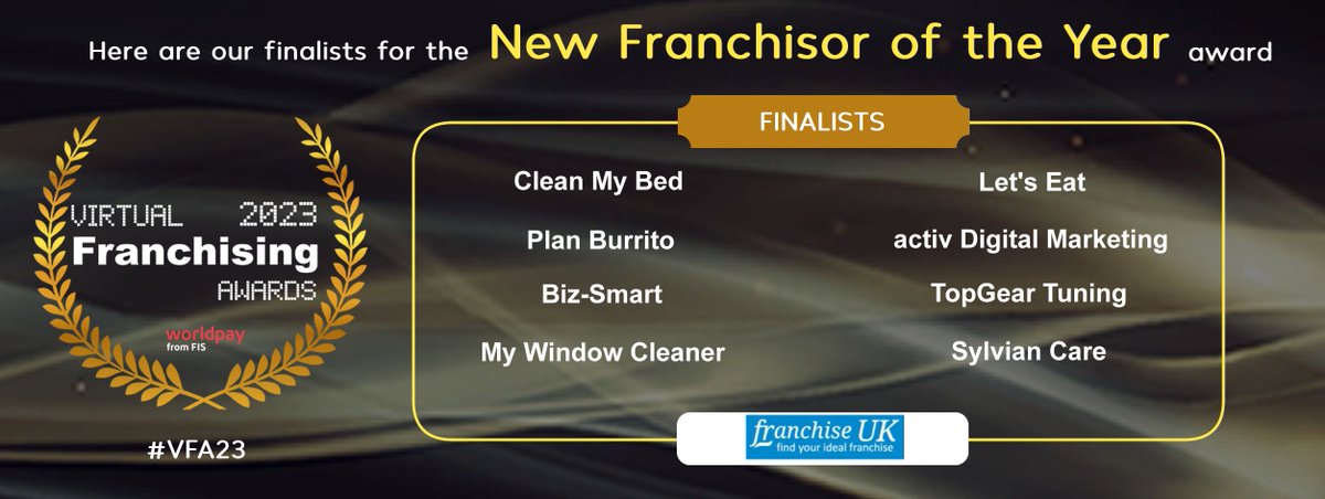 And here are our finalists for the New Franchisor of the Year #VFA23 category 

Clean My Bed
Let’s Eat
Plan Burrito
activ Marketing Group
TopGear Tuning
My Window Cleaner
Biz-Smart
Sylvian Care

A big well done to all #franchise finalists