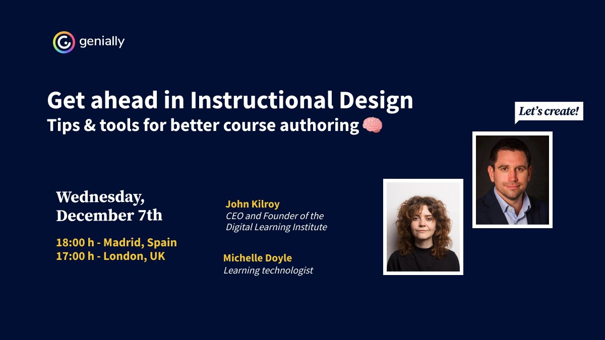 genially's tweet photo. 📣New webinar tomorrow! 

➡ Get ahead in Instructional Design. It will focus on what Instructional Designers do and how the profession is evolving.
📌Register here: https://t.co/9r37om9nvN 

#Genially #webinally #design https://t.co/KAoYj7YIpV