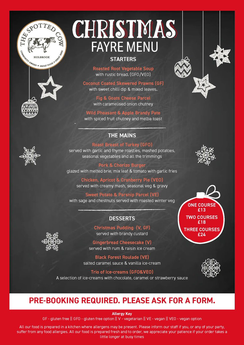 Welcome to the Spotted Cow Christmas Fayre menu!
It's available from 1st-24th December. 
Call us and book a table.  
🎅 🎄 ✨ 🍽️ 🥂