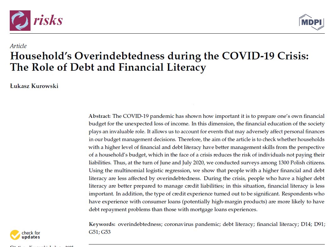 Risks_MDPI's tweet photo. Household’s Overindebtedness during the COVID-19 Crisis: The Role of Debt and Financial Literacy
by Łukasz Kurowski 
Link: https://t.co/n0ErTtECdZ
#overindebtedness #coronaviruspandemic #debtliteracy #financialliteracy
Any comments are welcomed.👏 https://t.co/Q7HKxPquI1