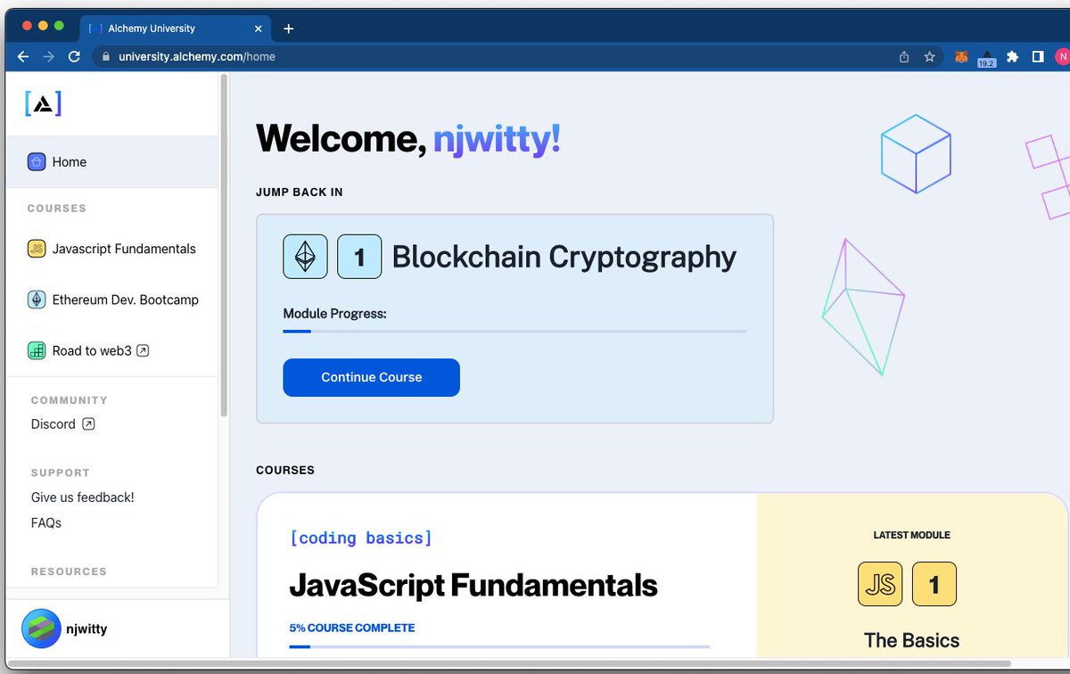 njwittyb's tweet photo. So as a person who have never used Terminal [_>]
on a computer and not being of any programming background it's my
🧵Day 1
 &amp; @AlchemyLearn is
☑️Most hands on learning program for any Web3 enthusiast new or pro developer
☑️Self Paced with active learning &amp; building
☑️👍Community https://t.co/i3oVYZ5y27