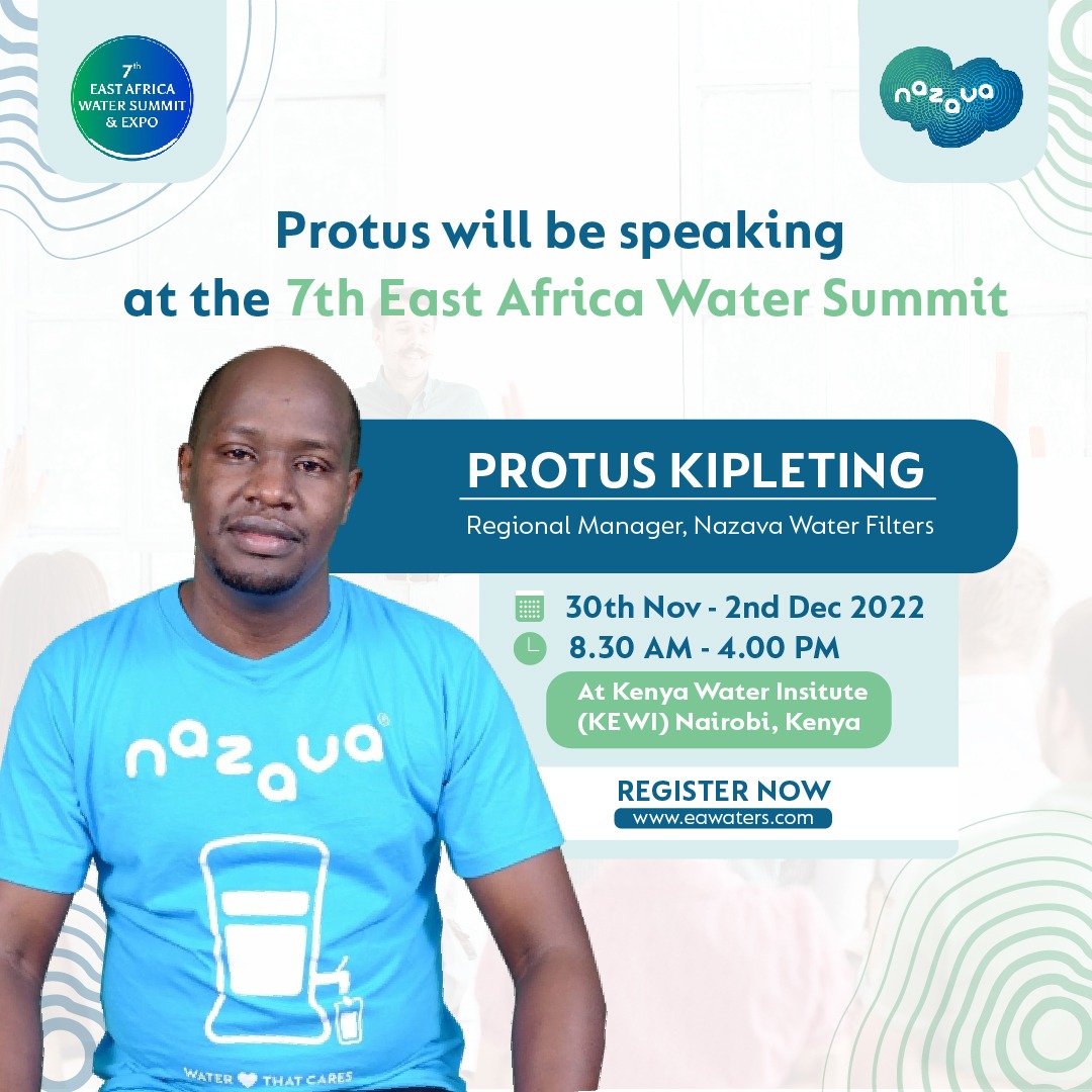We shall be exhibiting and Protus Kipleting will be speaking <a href="/EAWaterSummit/">8th East Africa Water Summit 2022</a>
Location : Kenya Water Institute ( KEWI) , Nairobi
Welcome all!!
 🌐nazava.co.ke
 ☎️+254 111 902 431
#watersummit2022 
#climatechange  
#NazavaWaterFilters