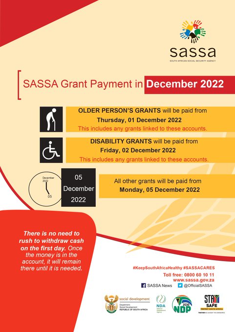 SASSA Social grant payment dates for December 2022