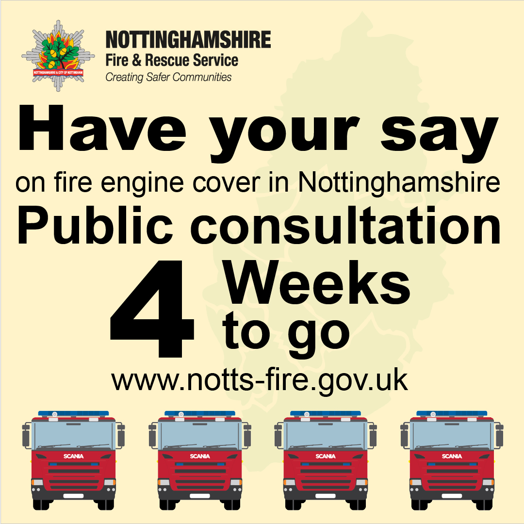 nottsfire's tweet image. Just four weeks left to have your say on fire cover in Nottinghamshire.

Why are we consulting? Visit our website to find out: crowd.in/mJ4x1x

You can tell us your thoughts on the proposals by visiting crowd.in/suinq2