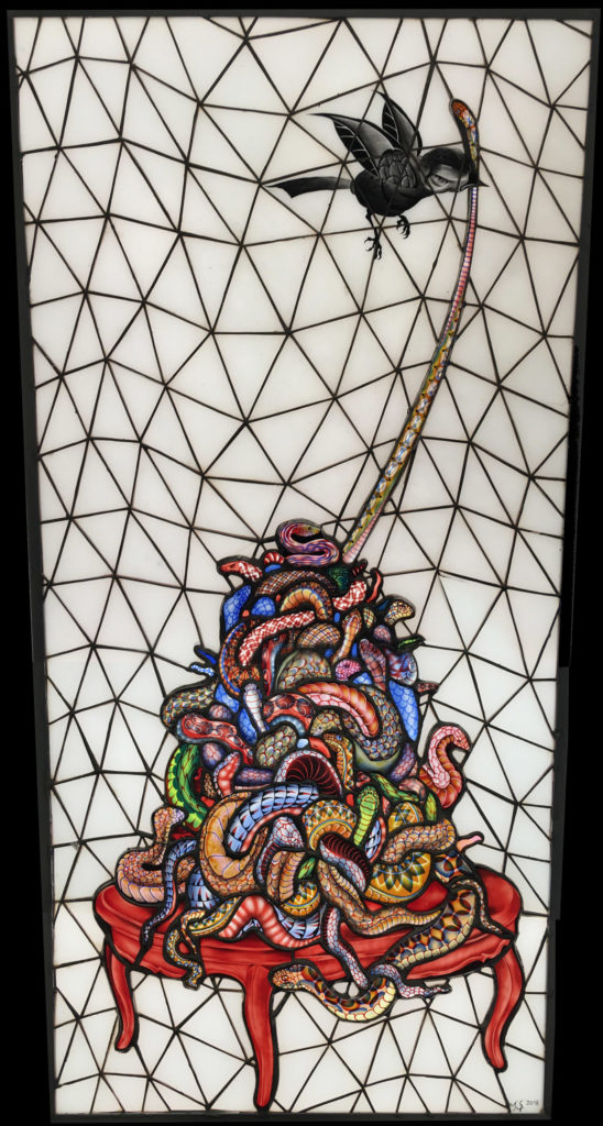 WomensArtForAll's tweet photo. Judith #Schaechter #WomenArtists #ArtByWomen #WomensArt •The Magpie• (glass) https://t.co/7MBDu9TPYc