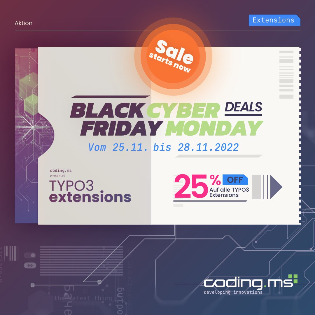 Es ist soweit 💸📉
Aktion | #blackfriday &amp; #cybermonday

Ab HEUTE bis Montag könnt ihr 25% auf alle #TYPO3 - Extensions bekommen 👉 coding.ms/de/typo3-exten…

#codingsms #rabatt #typo3 #extensions #blackfriday #cybermonday #rabattaktion #digitalisierung #coding #programmieren