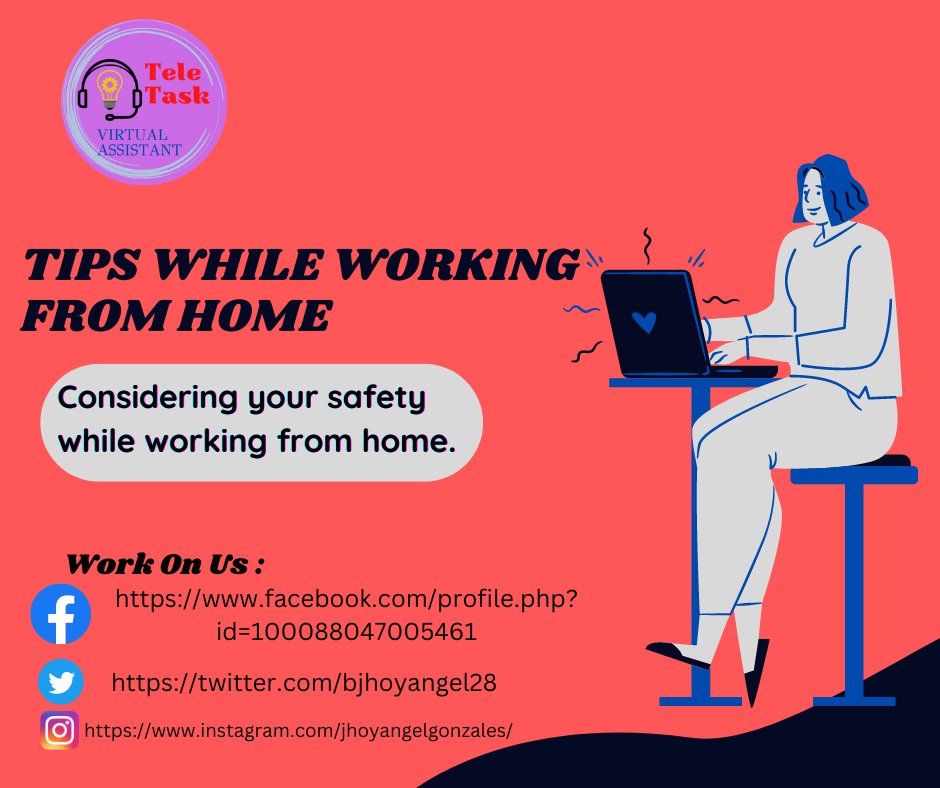 bjhoyangel28's tweet image. Considering your safety while working from home
ICT can be difficult to adjust to working from home, and it may take new routine and schedule.📎💻📝💌&quot;Feel free on safety working from home.
👉 My Socials:linkedin.com/in/jhoy-angel-…
👉 Email: bjhoyangel28@gmail.com&quot;
#Teletask #ICT
